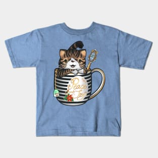 “Peace and Joy” Spice the tabby cat in a teacup keeping warm for the holidays Kids T-Shirt